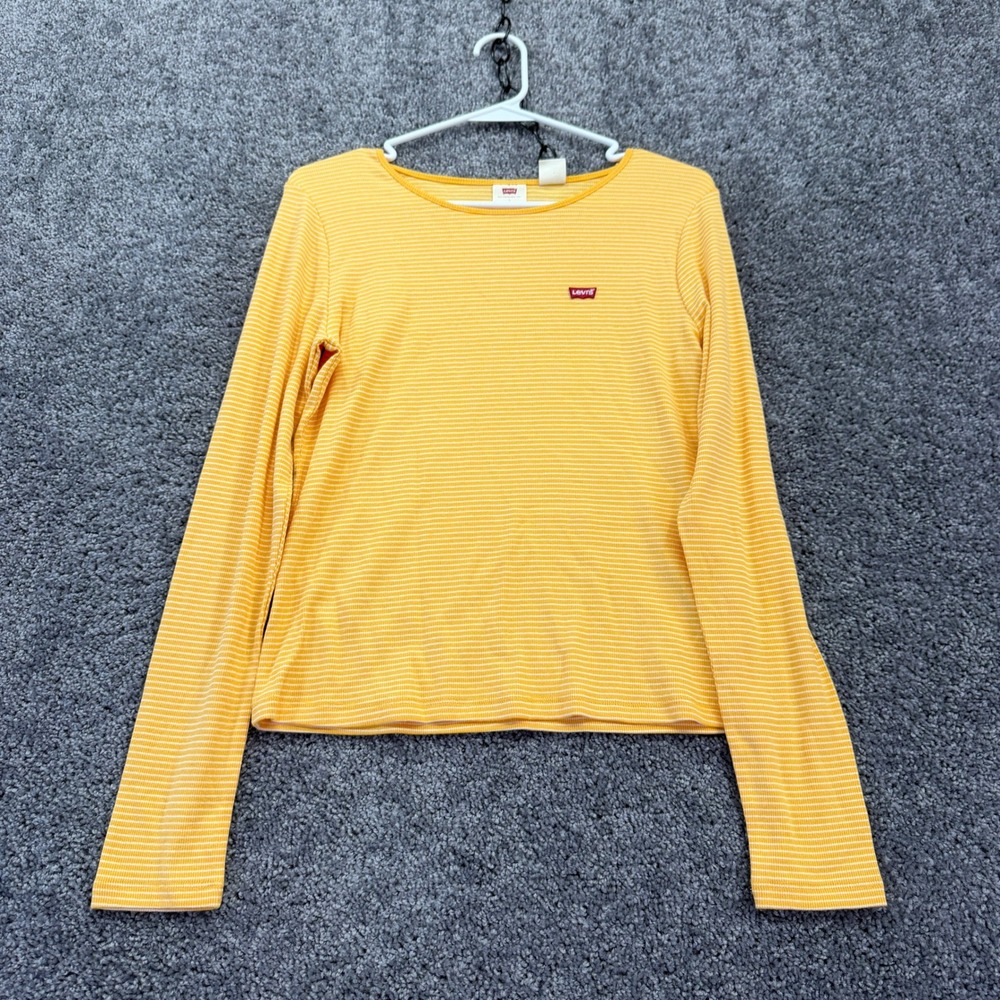 Levis Shirt Womens Large Yellow Striped Long Sleeve Ribbed Knit Cotton Stretch